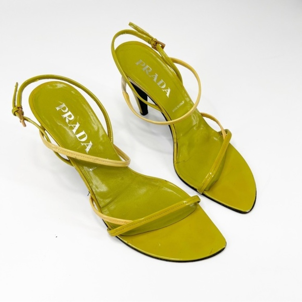 Prada Green & Yellow Patent Leather Multi Strap Heeled Sandals Size EU 40
